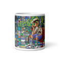Load image into Gallery viewer, Colorful mug with abstract golfer art sitting on a bench, geometric patterned background.