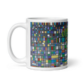 Load image into Gallery viewer, White ceramic mug with colorful geometric grid pattern and abstract mosaic design