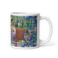 Load image into Gallery viewer, White mug with colorful bench, abstract man, and geometric mosaic pattern design
