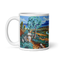 Cargar la imagen en la vista de la galería, White ceramic mug with colorful Rio de la Miel Algeciras landscape artwork and rider