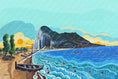Charger l'image dans la visionneuse de la galerie, Colorful seaside painting with boats on shore, swimmers in blue waves, trees, and rocky cliffs at sunset