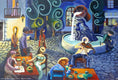 Charger l'image dans la visionneuse de la galerie, Colorful painting of people dining at outdoor café, violinist by a whimsical fountain at night