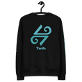 Carregar imagem no visualizador da Galeria, Black unisex eco sweatshirt with blue Tarifa graphic and swirl logo on front, hung on hanger