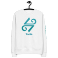 Carregar imagem no visualizador da Galeria, White unisex eco sweatshirt with turquoise Tarifa logo and text on front, displayed on hanger