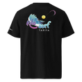 Charger l'image dans la visionneuse de la galerie, Black organic cotton t-shirt back with colorful kitesurf Tarifa wave graphic and sun design.