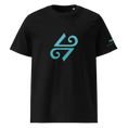 Bild in Galerie-Betrachter laden, Unisex black organic cotton t-shirt with blue geometric swirl logo on front