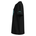 Bild in Galerie-Betrachter laden, Unisex organic cotton black t-shirt left side view with turquoise sleeve text Tarifa
