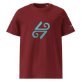 Cargar la imagen en la vista de la galería, Unisex organic cotton t-shirt in burgundy with blue geometric logo on front
