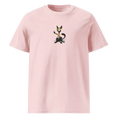 Cargar la imagen en la vista de la galería, Unisex organic cotton pink t-shirt with cartoon cat graphic on front