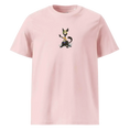 Carregar imagem no visualizador da Galeria, Unisex organic cotton pink t-shirt with cartoon cat graphic on front