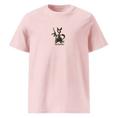 Carregar imagem no visualizador da Galeria, Unisex organic cotton pink t-shirt with cartoon cat and rifle graphic, Killy Revolution text