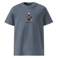 Load image into Gallery viewer, Unisex dark heather blue organic cotton t-shirt with cartoon black cat in Santa hat, Christmas theme.