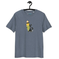 Load image into Gallery viewer, Unisex organic cotton t-shirt in dark heather blue with cat and surfboard graphic