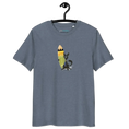 Загрузить изображение в просмотрщик галереи, Unisex organic cotton t-shirt in dark heather blue with cat and surfboard graphic