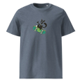 Cargar la imagen en la vista de la galería, Unisex organic cotton t-shirt in dark heather blue with cartoon cat on skateboard graphic