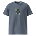 Cargar la imagen en la vista de la galería, Unisex organic cotton t-shirt in dark heather blue with cartoon dog holding a paddle racket