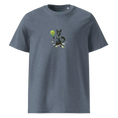 Carregar imagem no visualizador da Galeria, Unisex organic cotton t-shirt in dark heather blue with cartoon dog holding a paddle racket