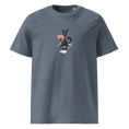 Carregar imagem no visualizador da Galeria, Unisex dark heather blue organic cotton t-shirt with playful cat and poker cards graphic