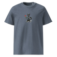 Cargar la imagen en la vista de la galería, Dark heather blue unisex organic cotton t-shirt with cartoon cat holding red flower graphic