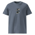 Charger l'image dans la visionneuse de la galerie, Unisex dark heather blue organic cotton t-shirt with cartoon black cat and baseball bat graphic