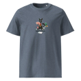 Cargar la imagen en la vista de la galería, Unisex organic cotton t-shirt in dark heather blue with a cat, poker cards, and cactus print