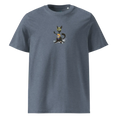 Cargar la imagen en la vista de la galería, Unisex organic cotton t-shirt in dark heather blue featuring a cartoon cat graphic on the front