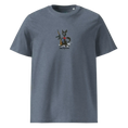 Carregar imagem no visualizador da Galeria, Unisex organic cotton t-shirt in dark heather blue with cat and rifle graphic, Killy Revolution