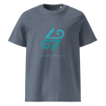 Charger l'image dans la visionneuse de la galerie, Unisex organic cotton t-shirt in dark heather blue with teal graphic and 'Levante o Poniente' text.