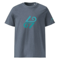 Cargar la imagen en la vista de la galería, Unisex organic cotton t-shirt in dark heather blue with teal geometric logo on front