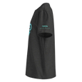 Bild in Galerie-Betrachter laden, Unisex organic cotton dark heather grey t-shirt side view with turquoise Tarifa sleeve print