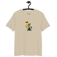 Load image into Gallery viewer, Beige unisex organic cotton t-shirt with cartoon cat and surfboard graphic on hanger
