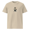 Charger l'image dans la visionneuse de la galerie, Unisex organic cotton t-shirt in desert dust color with a cartoon cat holding a bat graphic