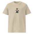 Carregar imagem no visualizador da Galeria, Unisex organic cotton t-shirt in desert dust color with a cartoon cat holding a bat graphic