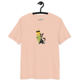 Загрузить изображение в просмотрщик галереи, Unisex organic cotton t-shirt in peach with cartoon cat and surfboard graphic on front
