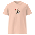 Cargar la imagen en la vista de la galería, Unisex organic cotton t-shirt in peach with black cat holding a red rose graphic