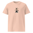Charger l'image dans la visionneuse de la galerie, Unisex organic cotton t-shirt peach color with cartoon black cat holding baseball bat graphic