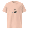 Carregar imagem no visualizador da Galeria, Unisex organic cotton t-shirt in peach with cartoon dog and soccer ball graphic on front