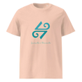 Charger l'image dans la visionneuse de la galerie, Unisex organic cotton t-shirt in light peach with blue graphic and 'Levante o Poniente' text