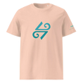 Bild in Galerie-Betrachter laden, Unisex organic cotton t-shirt in peach with teal graphic logo on front and sleeve print.