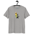 Load image into Gallery viewer, Heather grey unisex organic cotton t-shirt with black cat and surfboard graphic on front