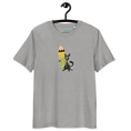 Загрузить изображение в просмотрщик галереи, Heather grey unisex organic cotton t-shirt with black cat and surfboard graphic on front