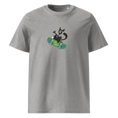 Cargar la imagen en la vista de la galería, Heather grey unisex organic cotton t-shirt with cartoon cat on skateboard graphic