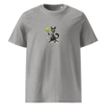 Cargar la imagen en la vista de la galería, Unisex organic cotton heather grey t-shirt with cartoon dog holding tennis racket graphic