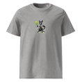 Carregar imagem no visualizador da Galeria, Unisex organic cotton heather grey t-shirt with cartoon dog holding tennis racket graphic