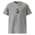 Cargar la imagen en la vista de la galería, Heather grey unisex organic cotton t-shirt with playful black cat graphic on front