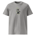 Load image into Gallery viewer, Heather grey unisex organic cotton t-shirt with playful black cat graphic on front