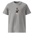 Carregar imagem no visualizador da Galeria, Heather grey unisex organic cotton t-shirt with cartoon black cat playing cards graphic