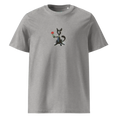 Cargar la imagen en la vista de la galería, Heather grey unisex organic cotton t-shirt with cartoon dog holding red rose graphic