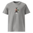 Cargar la imagen en la vista de la galería, Unisex heather grey organic cotton t-shirt with cartoon poker cat and 'Know When to Fold' text