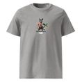 Carregar imagem no visualizador da Galeria, Unisex heather grey organic cotton t-shirt with cartoon poker cat and 'Know When to Fold' text